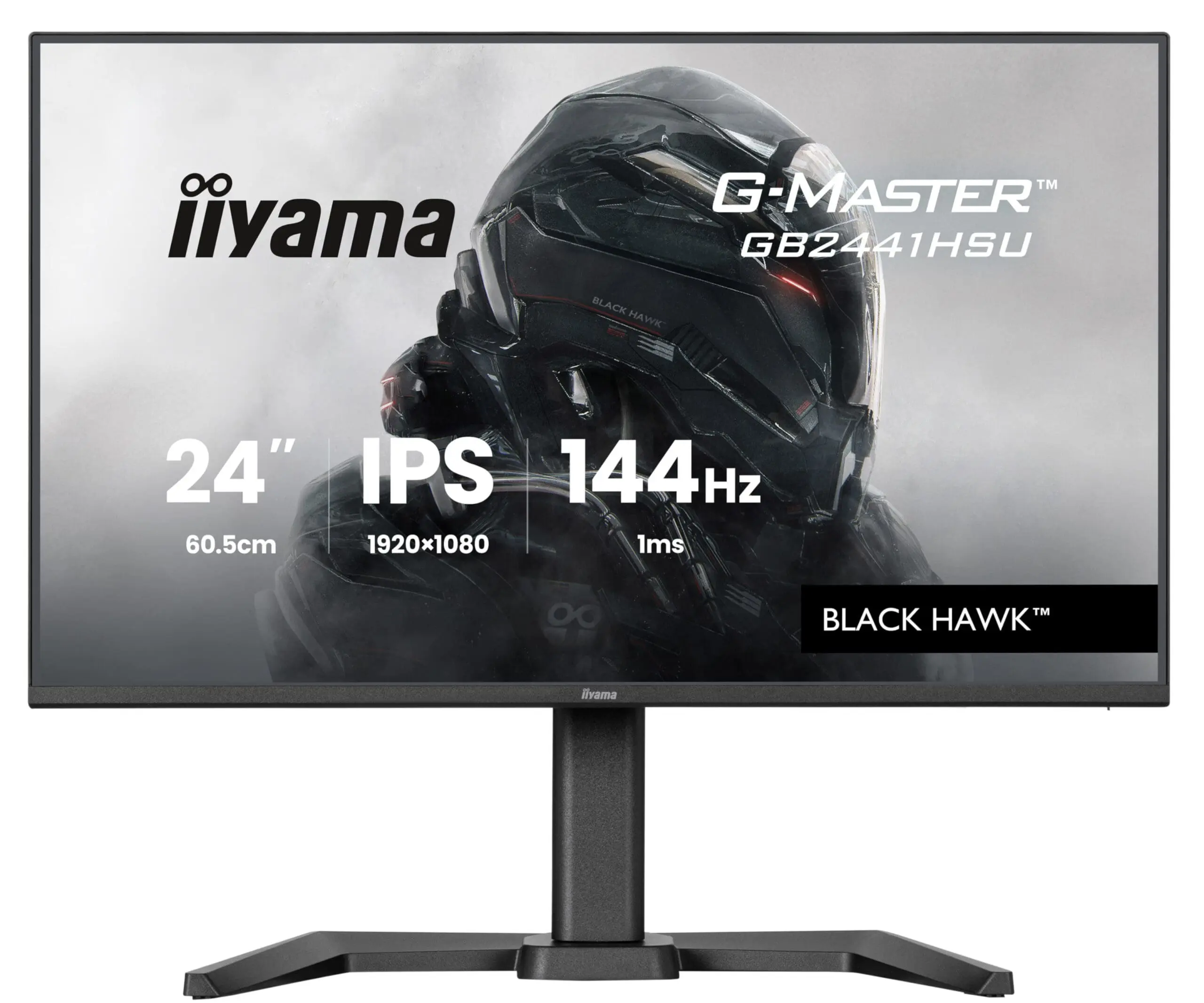 Zdjęcie prezentuje monitor marki iiyama z serii G-Master o przekątnej 24 cale, z parametrami takimi jak IPS, 144 Hz i czas reakcji 1 ms