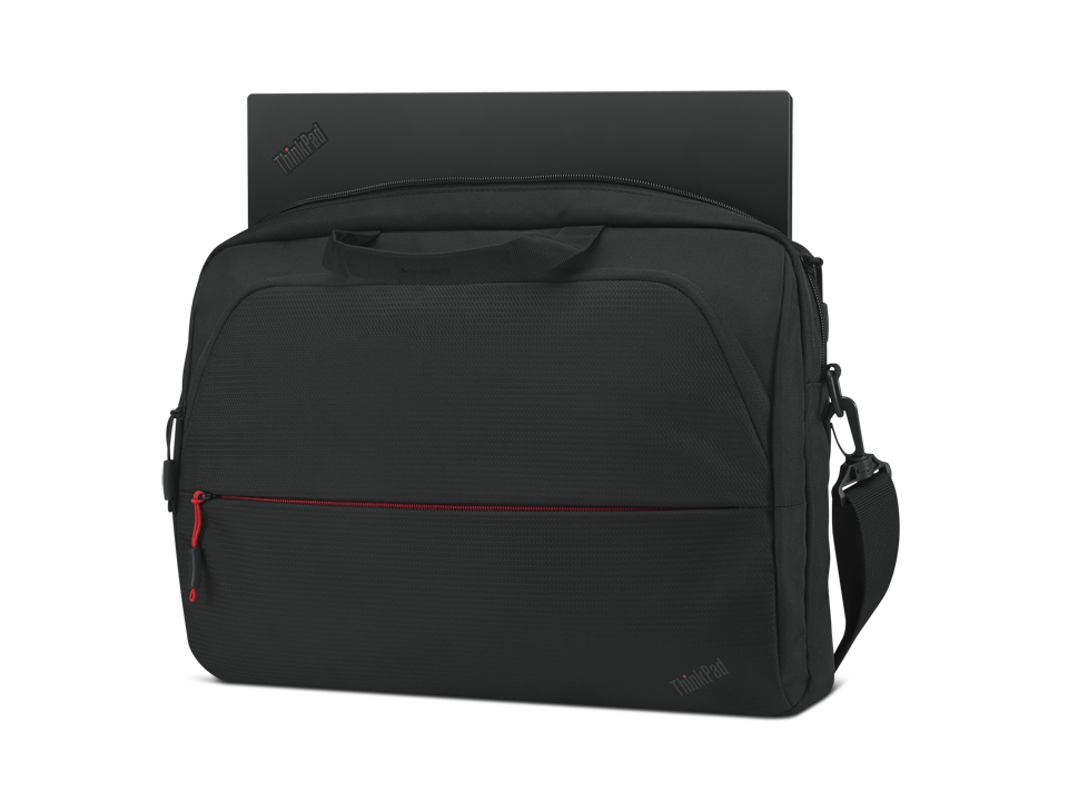 Czarna torba ThinkPad z czerwonymi akcentami, zaprojektowana do bezpiecznego transportu laptopa