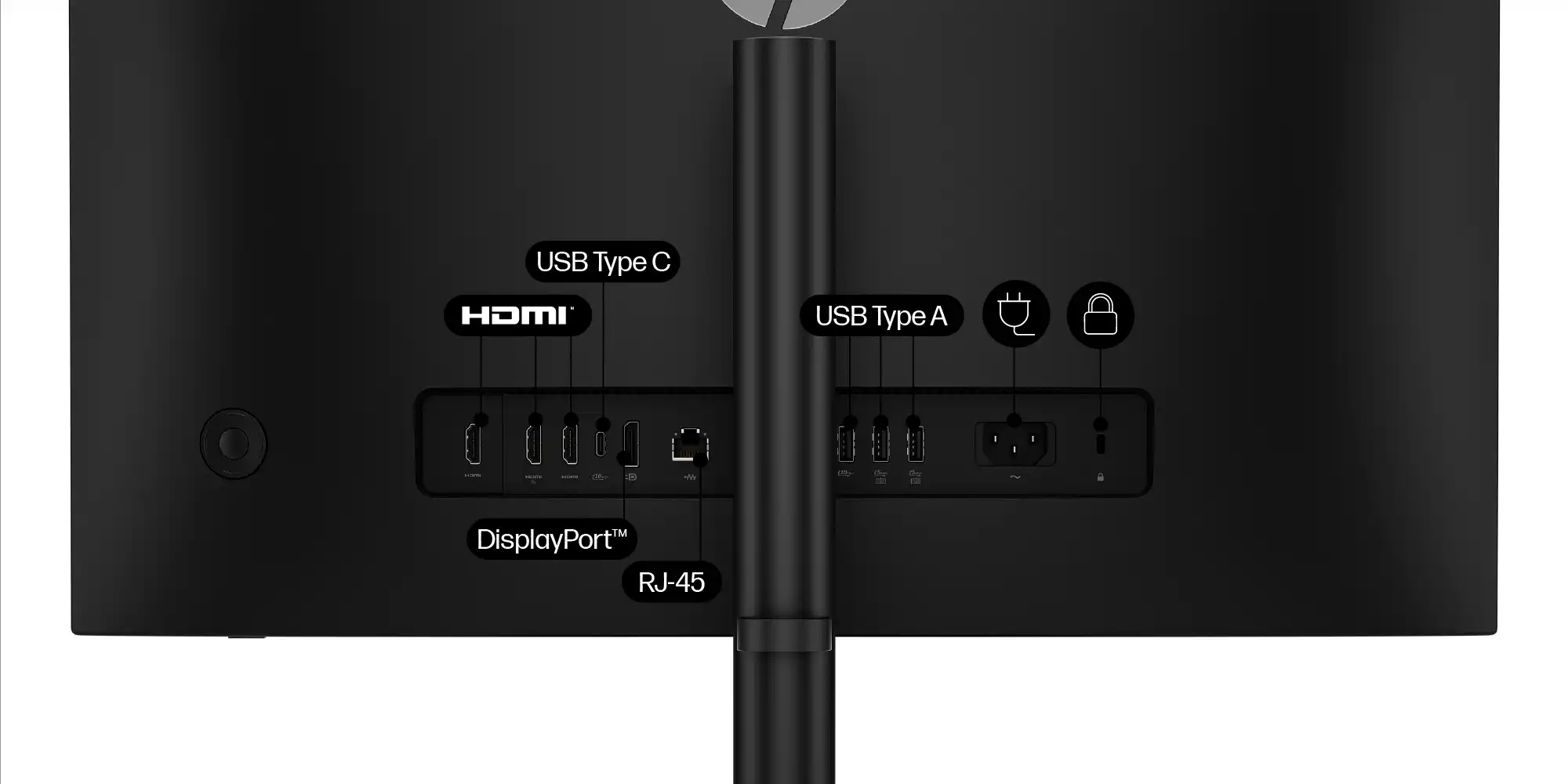 Ukazano tył komputera z widocznymi portami - 3x HDMI, 1x USB-C, DisplayPort oraz RJ-45 i 3x USB-A