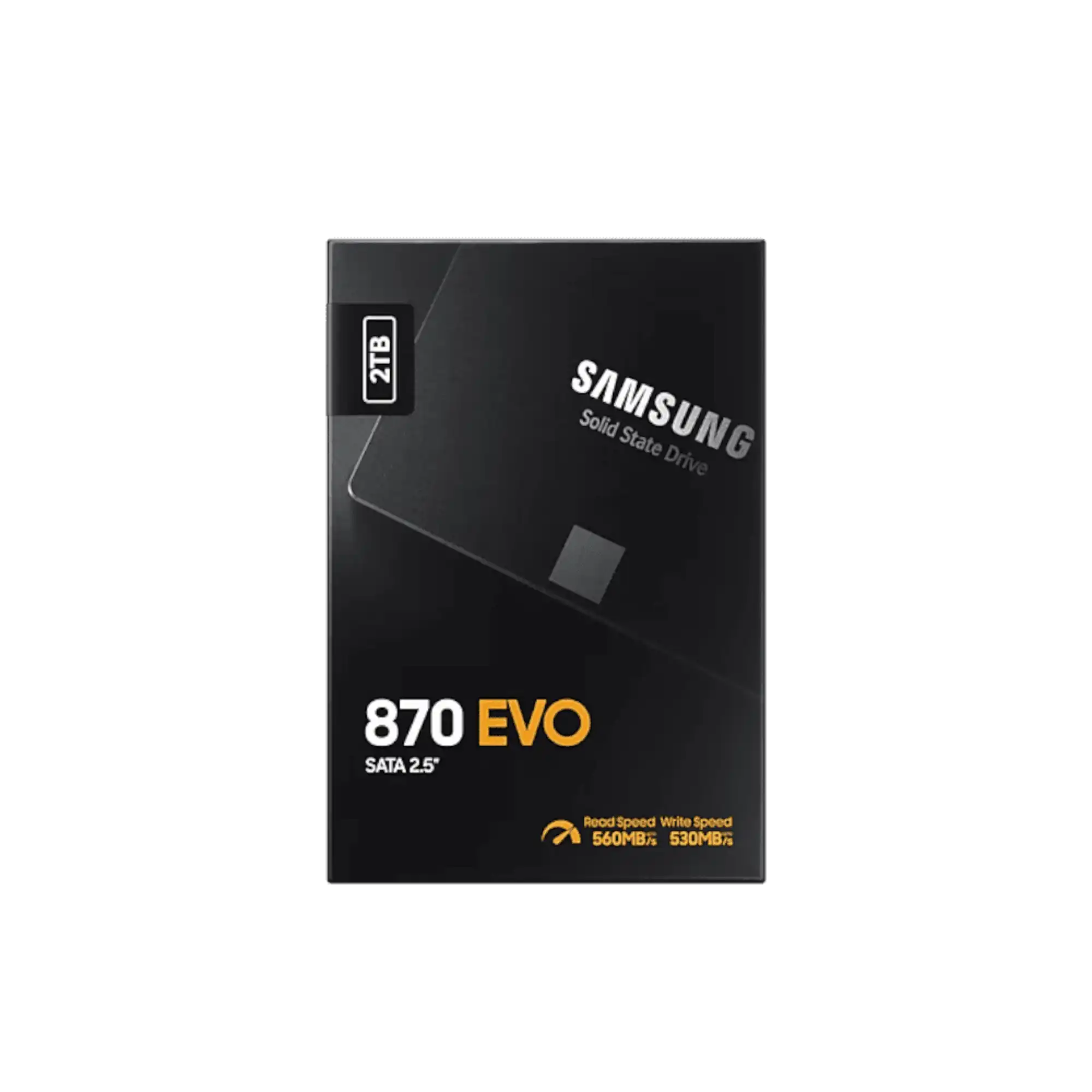 Czarne opakowanie dysku Samsung 870 EVO SATA 2.5, w górnej części znajduje się napis 2TB, w dolnej zaś oznaczenie prędkości na złoto - Read Speed 560 MB/s oraz Write Speed 530MB/s