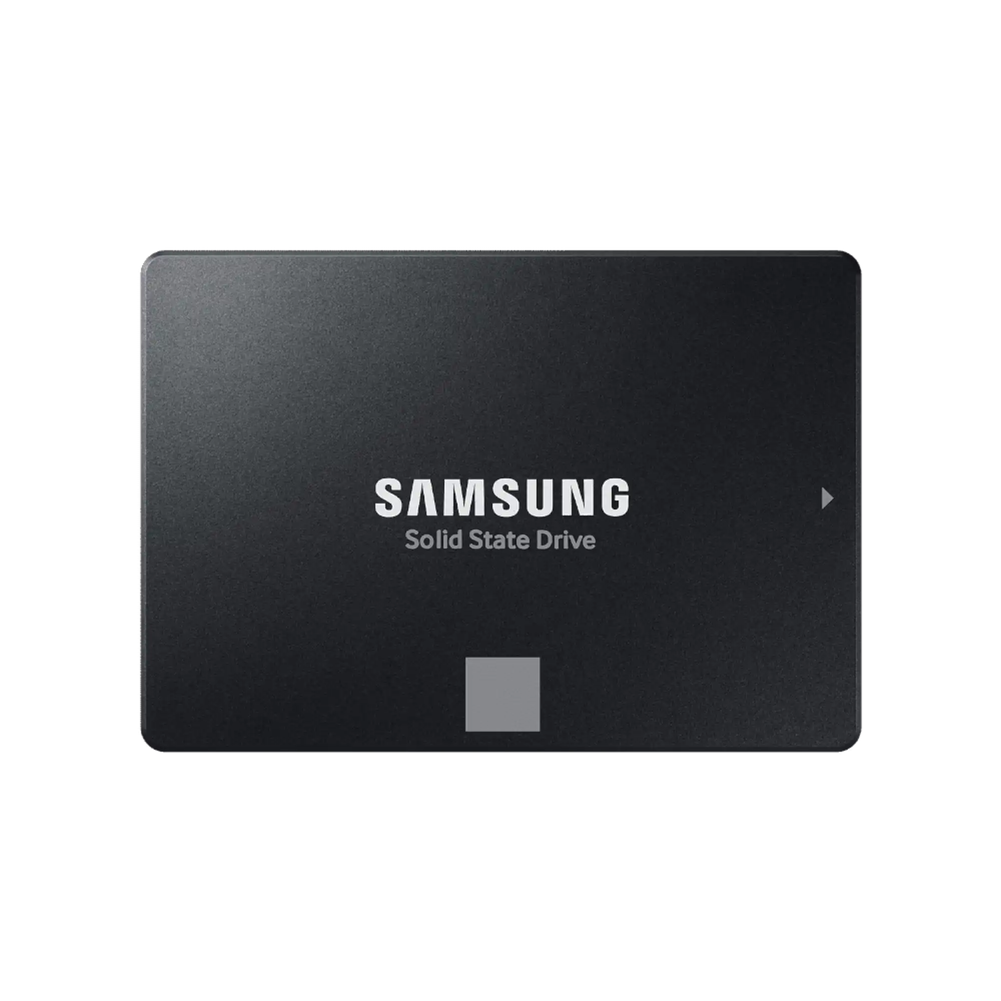 Dysk Samsung widziany od góry, na środku prawej krawędzi usadowiona została mała srebrna strzałka, przy dolnej srebrny prostokąt. Na środku widnieje logo Samsung Solid State Drive
