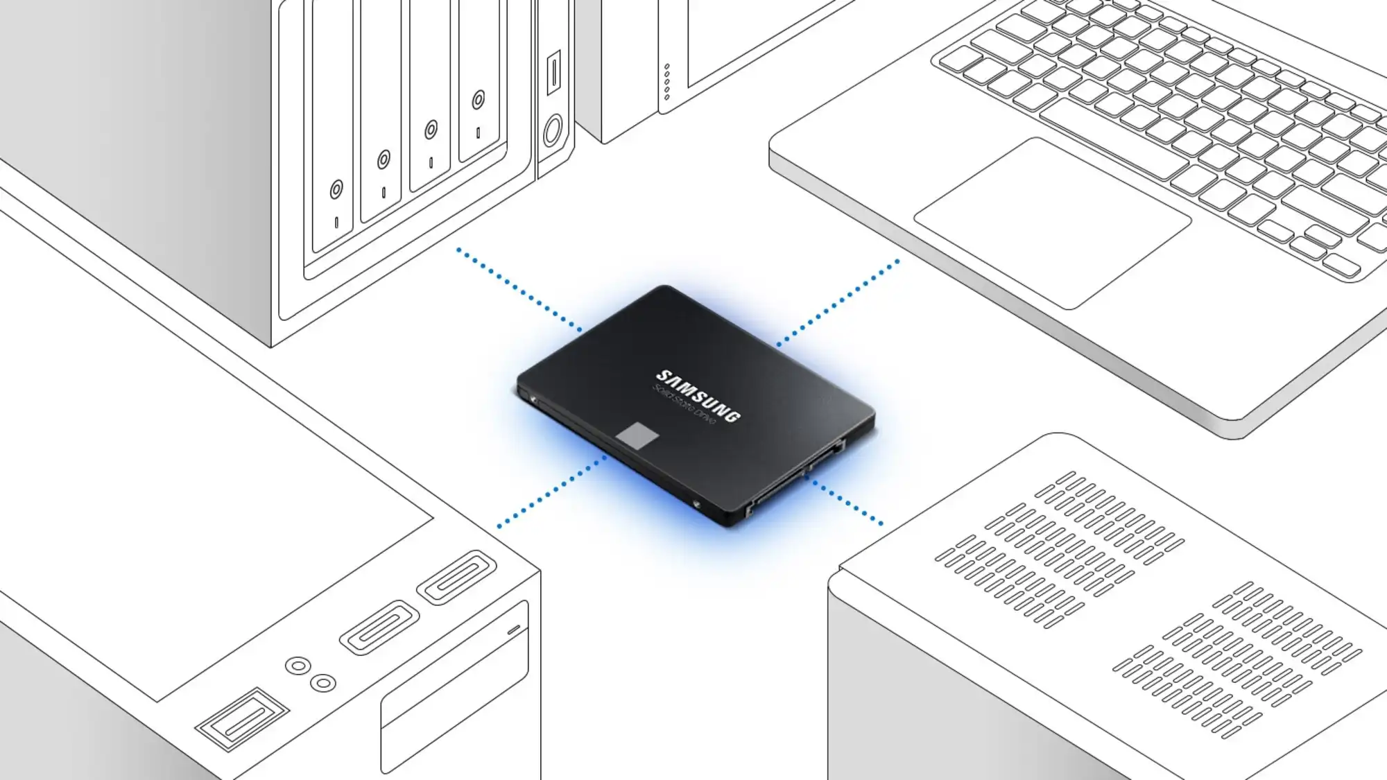 Dysk Samsung umieszczony na środku czarno-białej ilustracji, która łączy dysk z komputerami, laptopami