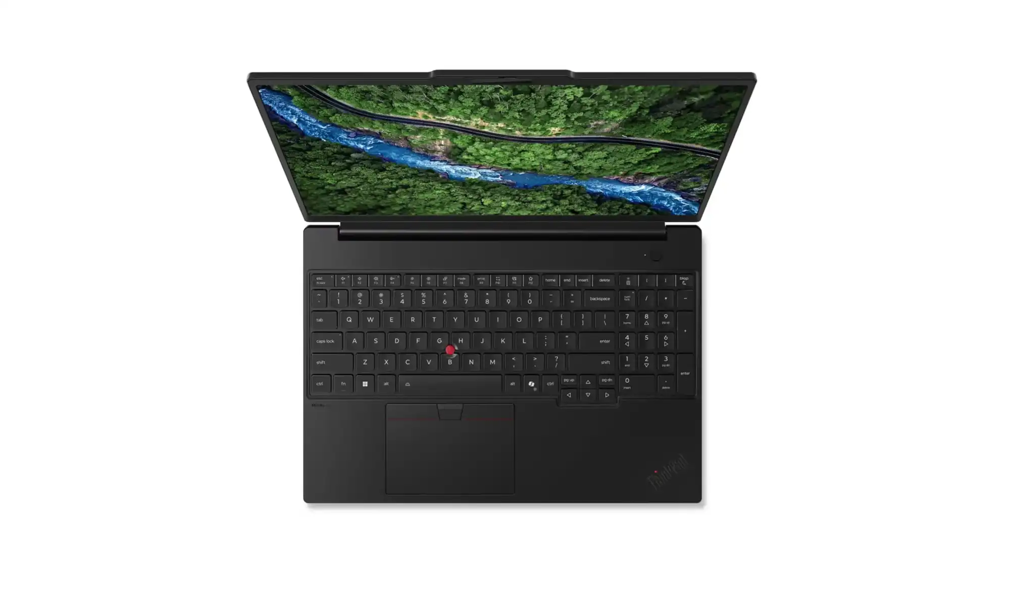 Czarny laptop Lenovo ThinkPad P14s G7, otwarty, widziany od góry, z widoczną klawiaturą