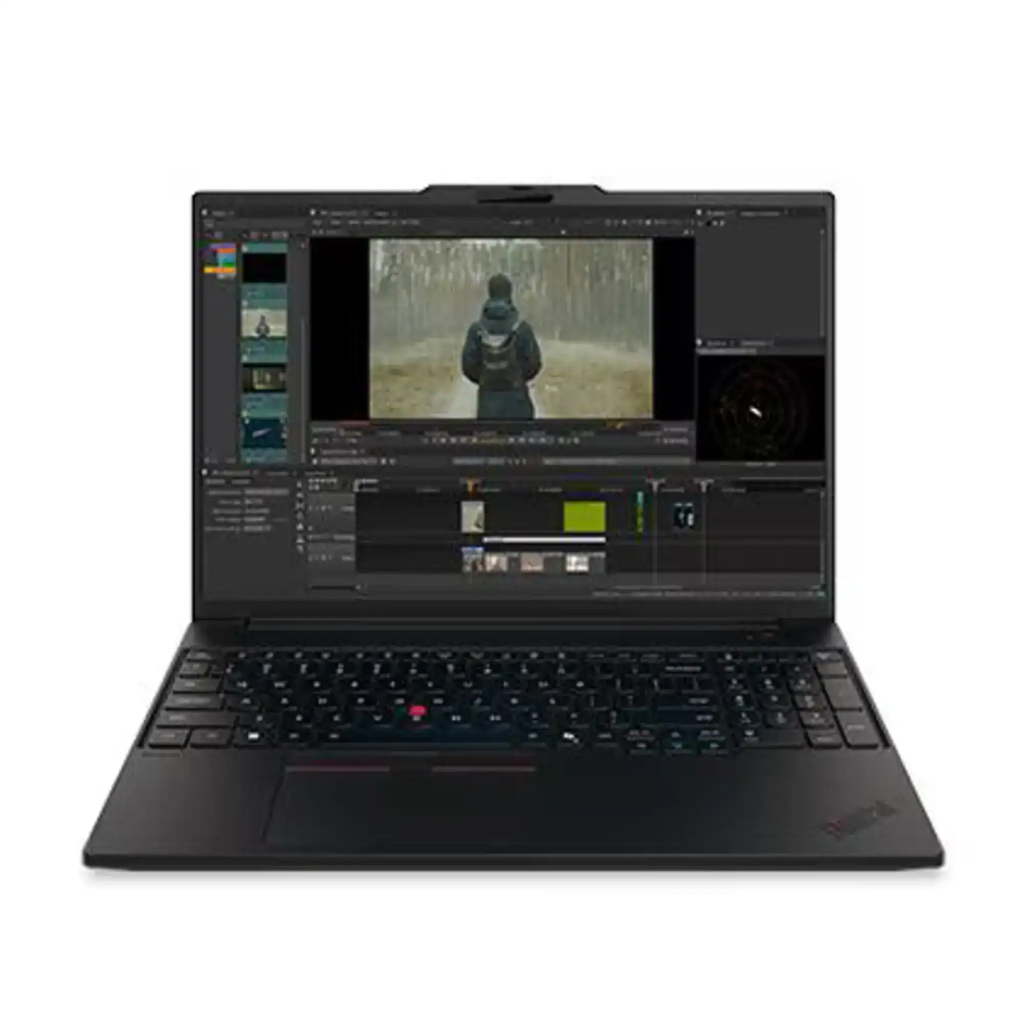 Czarny laptop Lenovo ThinkPad P16s G5 otwarty, z widoczną klawiaturą, logo ThinkPad oraz programem graficznym