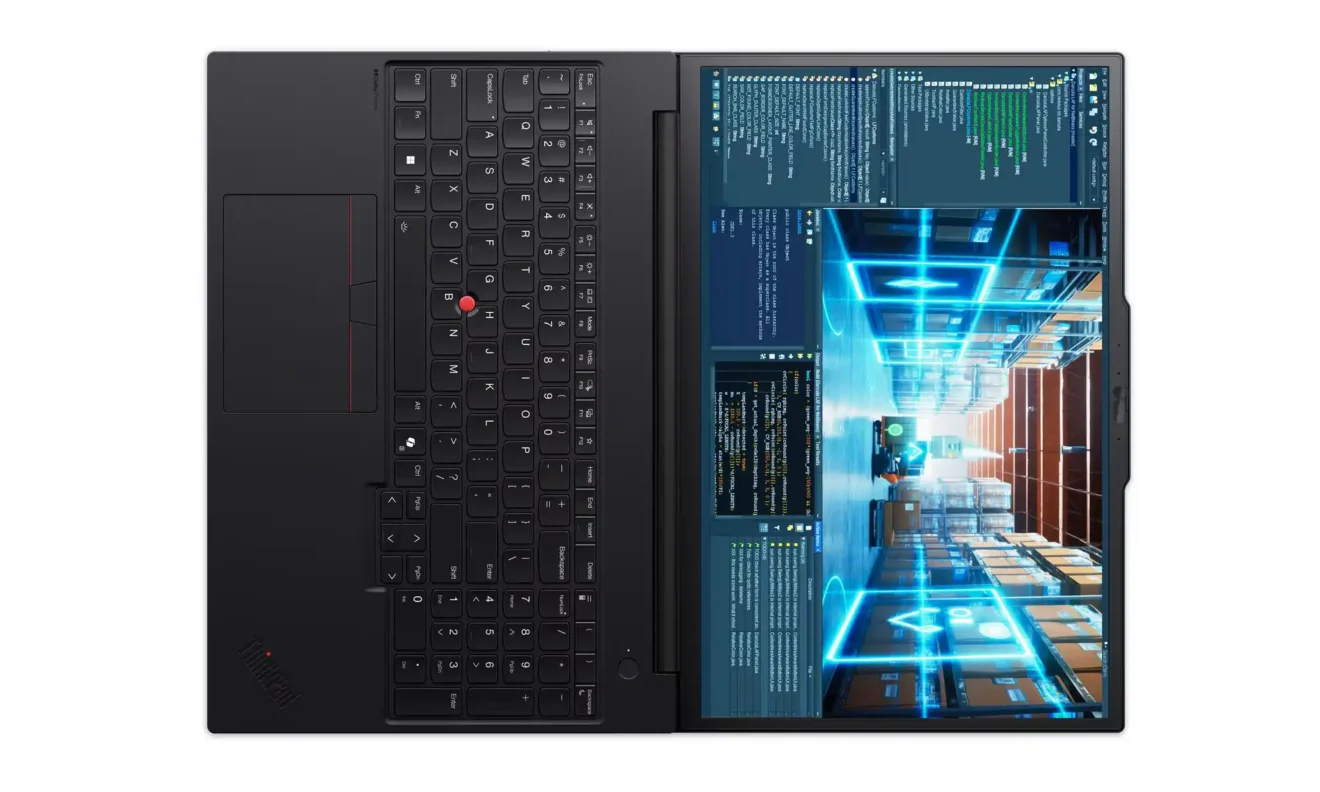 Otwarty na płasko laptop Lenovo widziany od góry, ustawiony bokiem