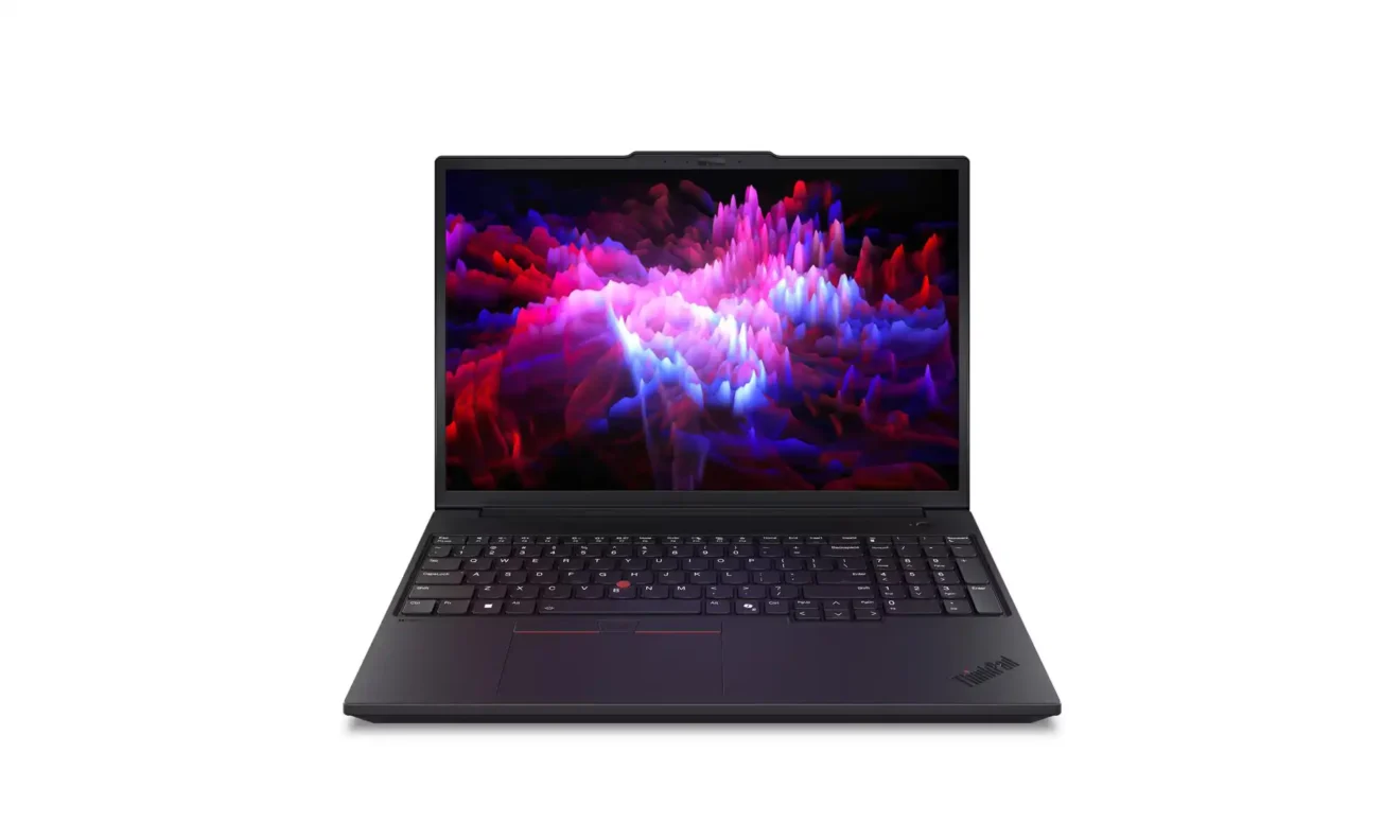 Otwarty laptop Lenovo stojący przodem z kolorową tapetą